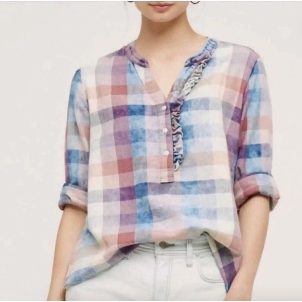 Anthropologie Isabella Sinclair 100% Cotton Buttons Blouse Tie‎ Dye Plaid Medium